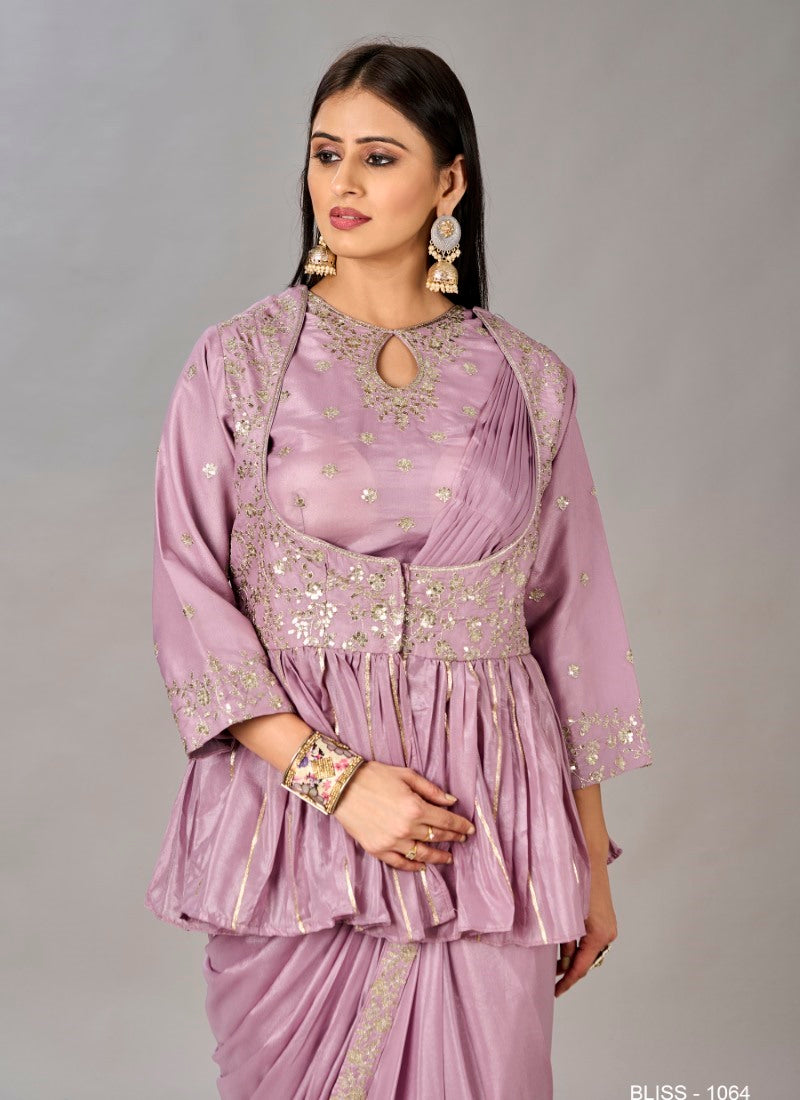 Light Purple Ready to Wear a Jacket Saree With Embroidered  and Sequins Work-2