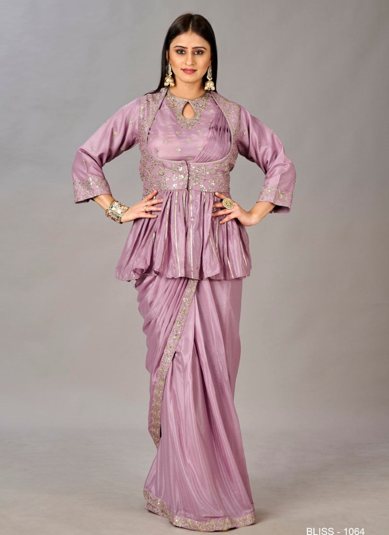 Light Purple Ready to Wear a Jacket Saree With Embroidered  and Sequins Work