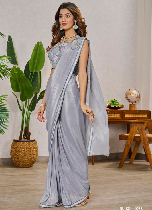 Silver Ready to Wear Designer Saree With Embroidered  and Sequins Work