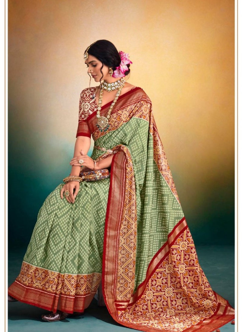 Pista Green Tusser Silk Patola Saree-2