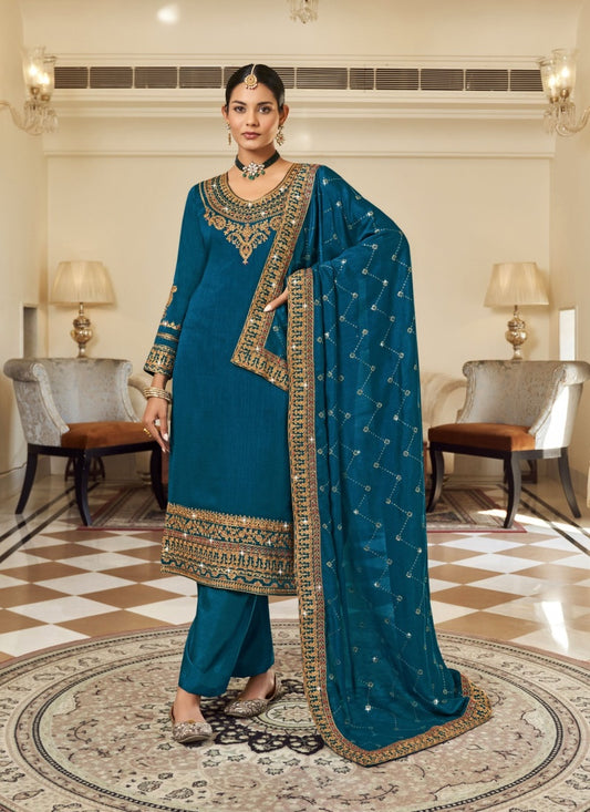 Blue Georgette Straight Cut Palazzo Salwar Suit