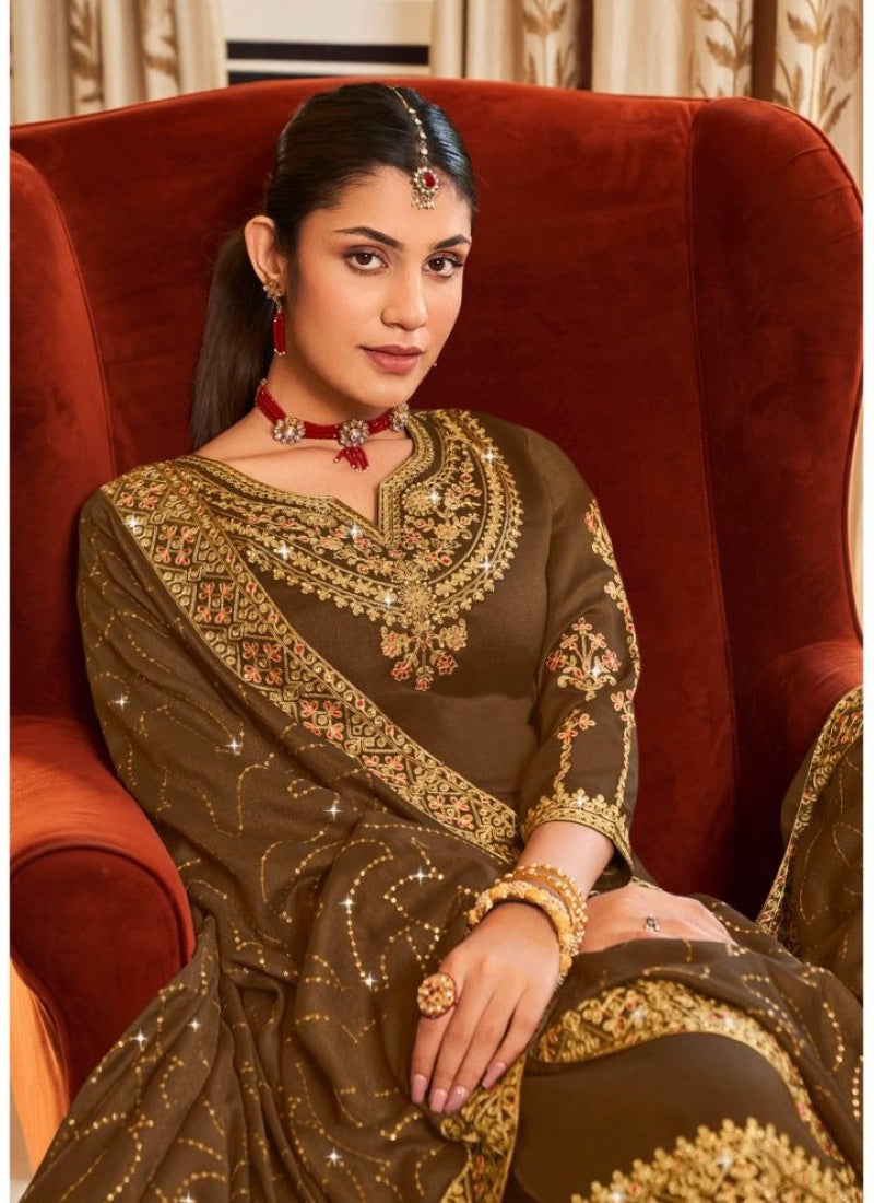 Brown Georgette Straight Cut Palazzo Salwar Suit-2