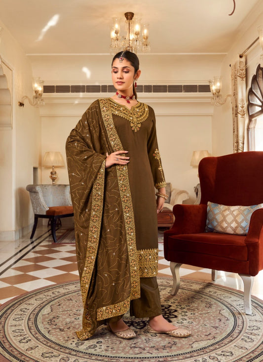 Brown Georgette Straight Cut Palazzo Salwar Suit