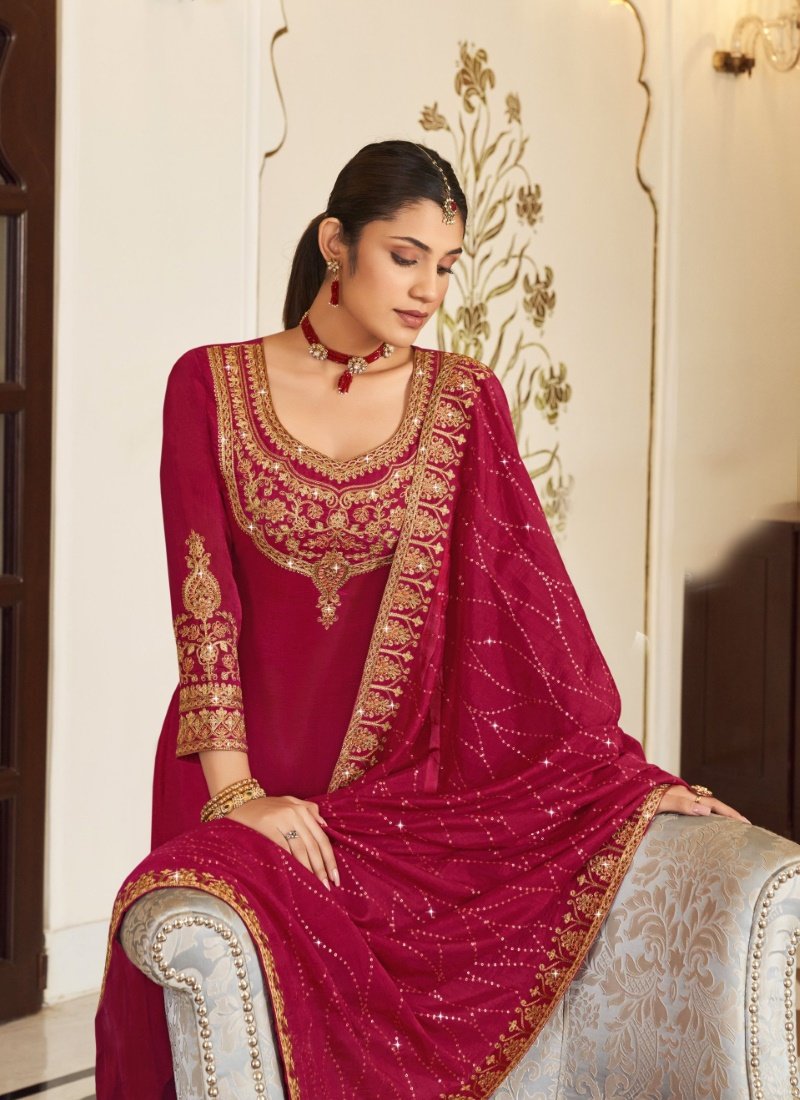 Magenta Georgette Straight Cut Palazzo Salwar Suit-2