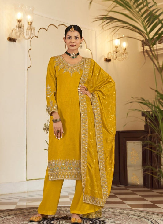 Yellow Georgette Straight Cut Palazzo Salwar Suit