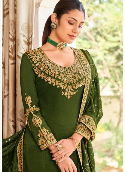 Green Georgette Straight Cut Palazzo Salwar Suit-2