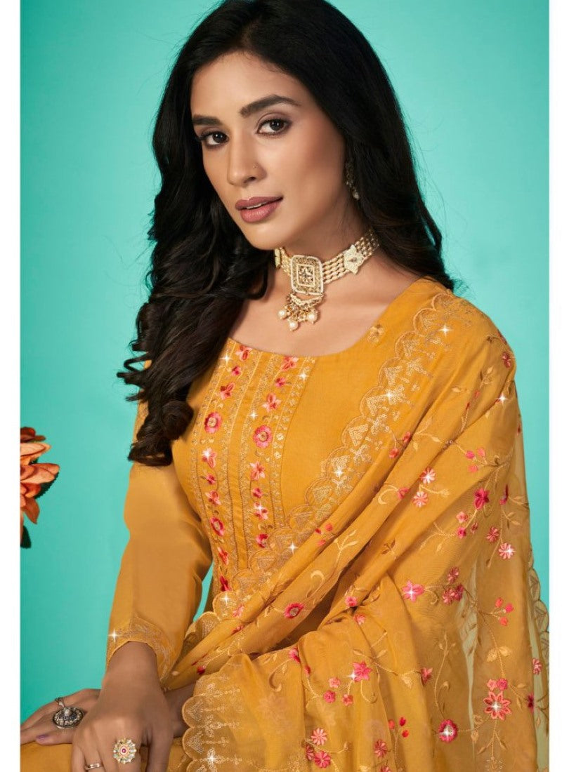 Yellow Organza Palazzo Suit with Embroidery Work-2