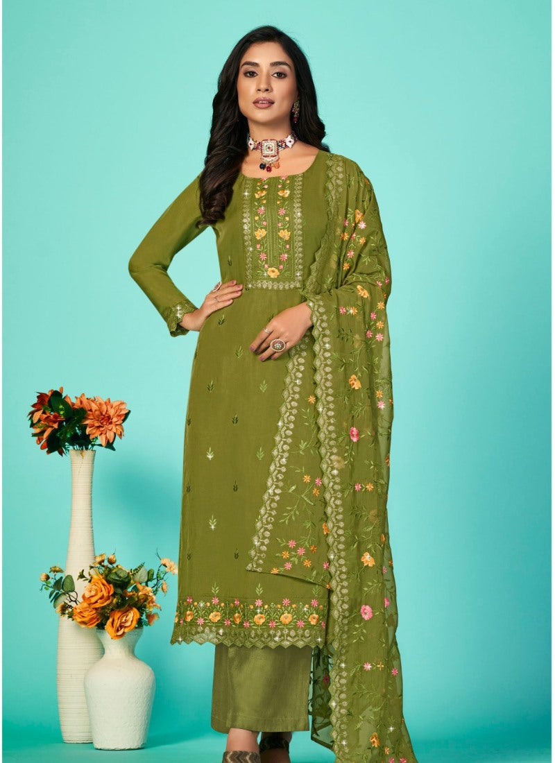 Pista Green Organza Palazzo Suit with Embroidery Work