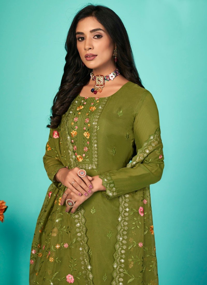 Pista Green Organza Palazzo Suit with Embroidery Work-2