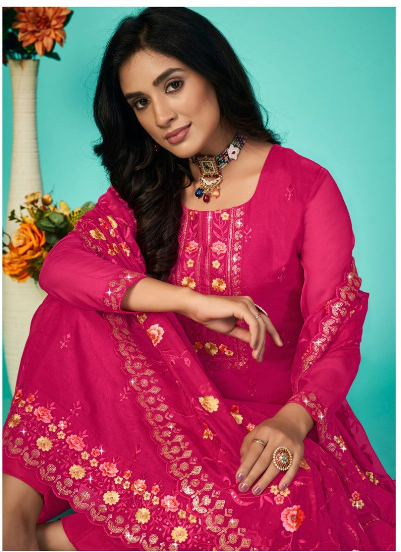 Magenta Organza Palazzo Suit with Embroidery Work-2