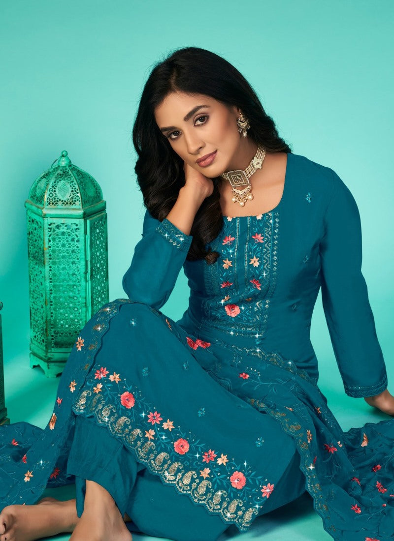 Teal Blue Organza Palazzo Suit with Embroidery Work-2