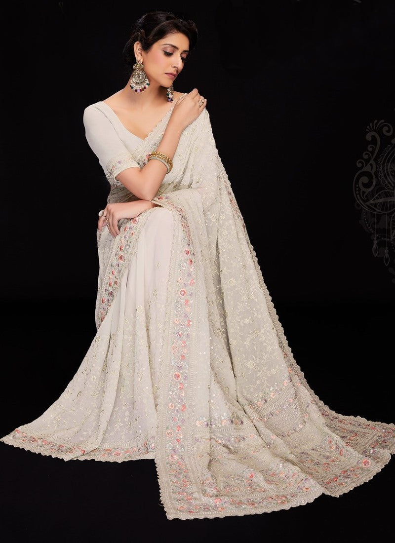 Off White  Party Wear Lucknowi Saree with Sequine Work-2