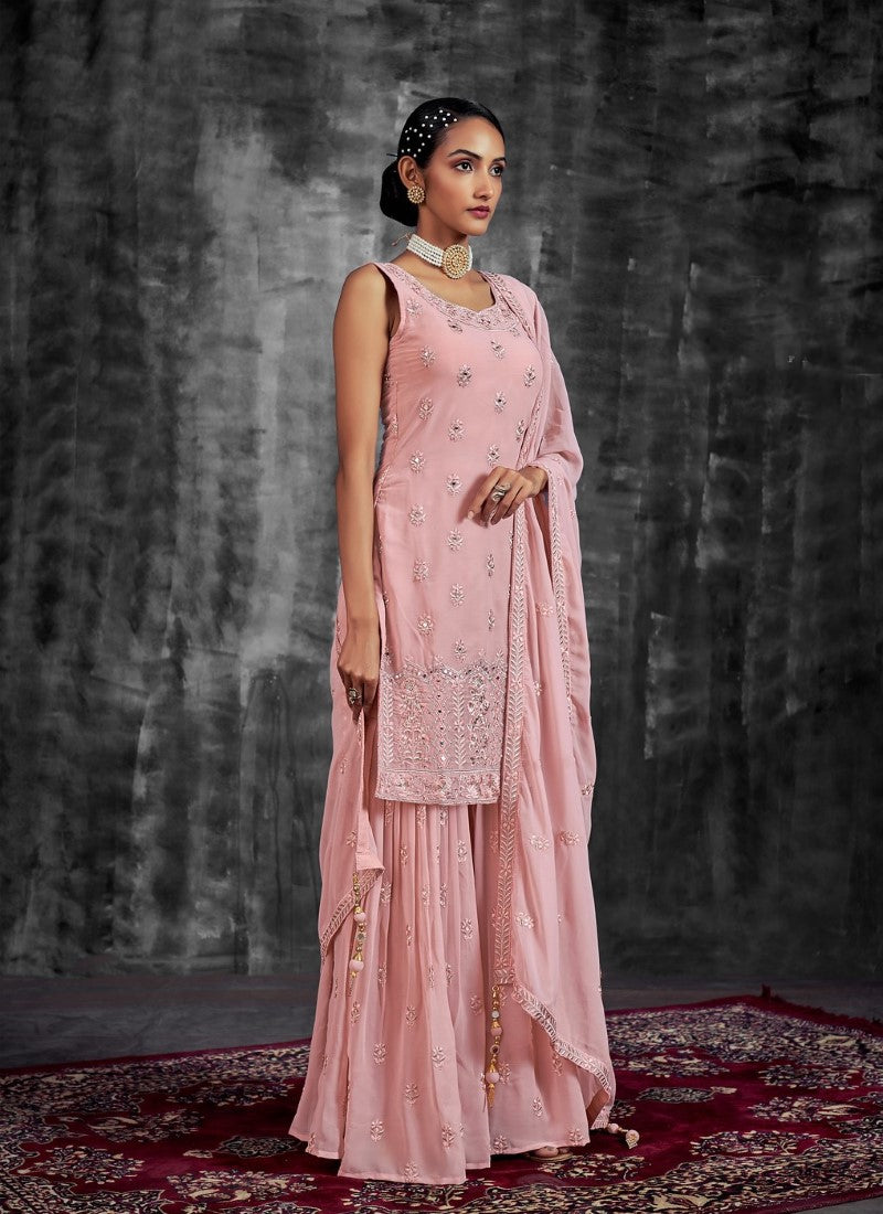 Pink Georgette Sharara Suit with Mirror, Zari and Thread Work-2