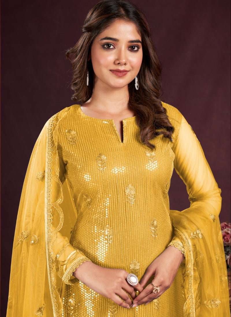 Yellow Pant Style Salwar Suit with Thread and Sequins Work-2