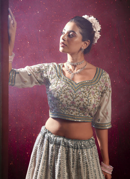 Gray Lucknowi Bridal Lehenga Choli With Embroidery, Thread Work and Sequins Work