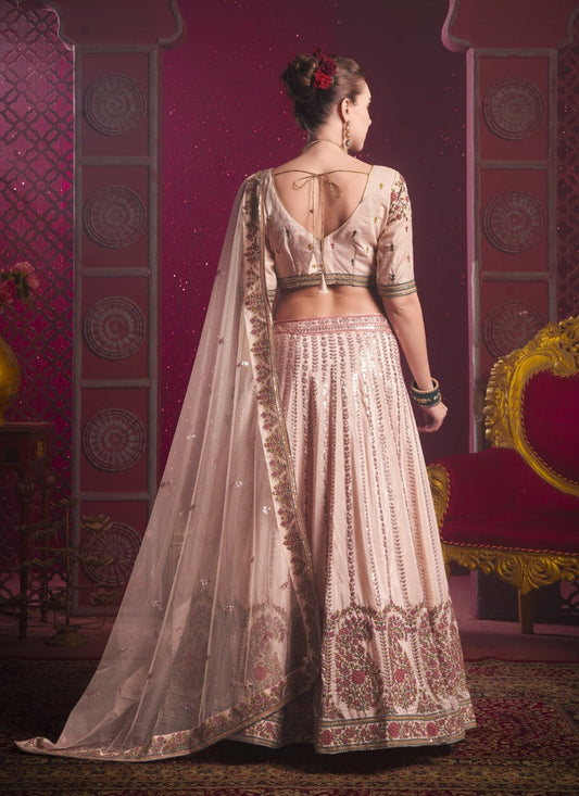 Peach Lucknowi Bridal Lehenga Choli With Embroidery, Thread Work and Sequins Work 