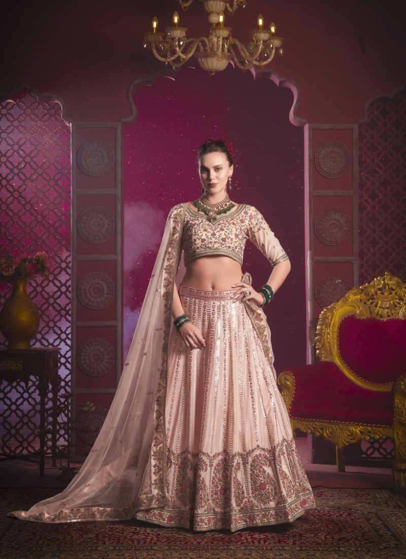 Peach Lucknowi Bridal Lehenga Choli With Embroidery, Thread Work and Sequins Work