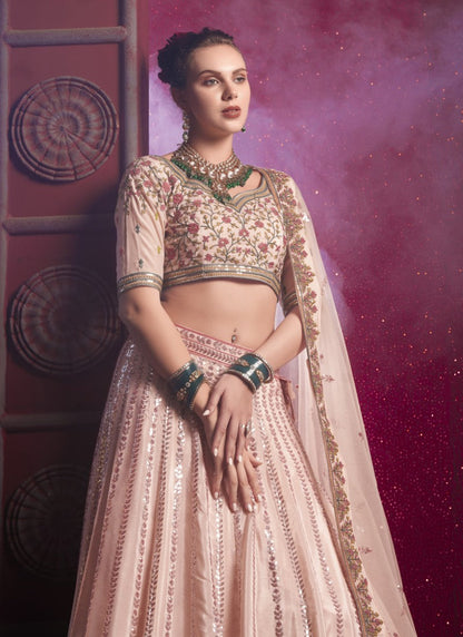 Peach Lucknowi Bridal Lehenga Choli With Embroidery, Thread Work and Sequins Work