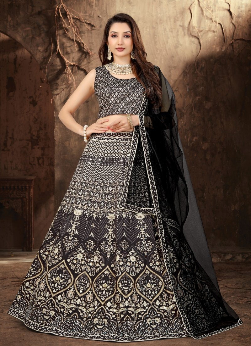 Black Satin Lehenga Choli with Mirror Work