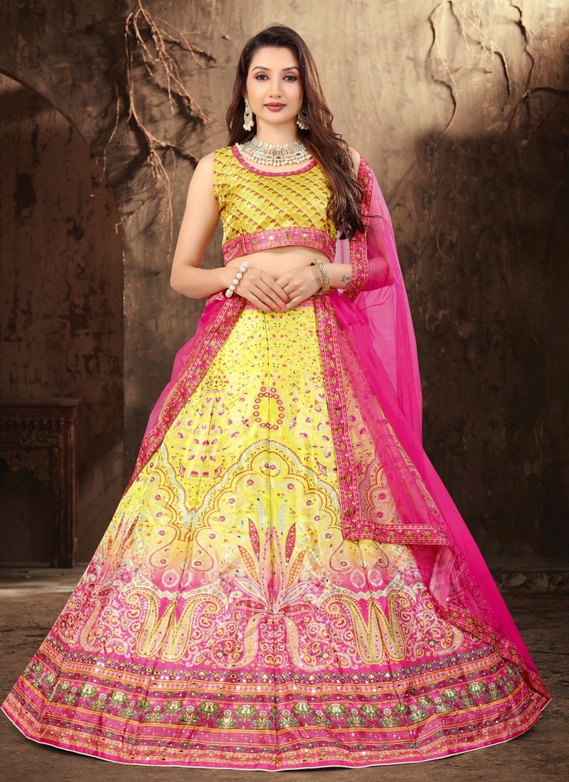 Yellow Satin Lehenga Choli with Mirror Work