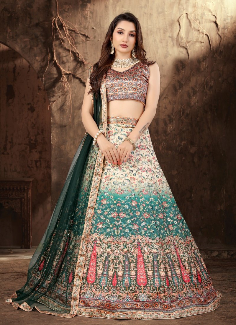 Multi Color Satin Lehenga Choli with Mirror Work