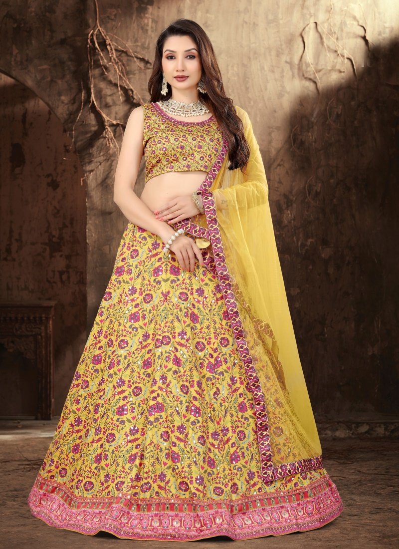 Yellow Satin Lehenga Choli with Mirror Work