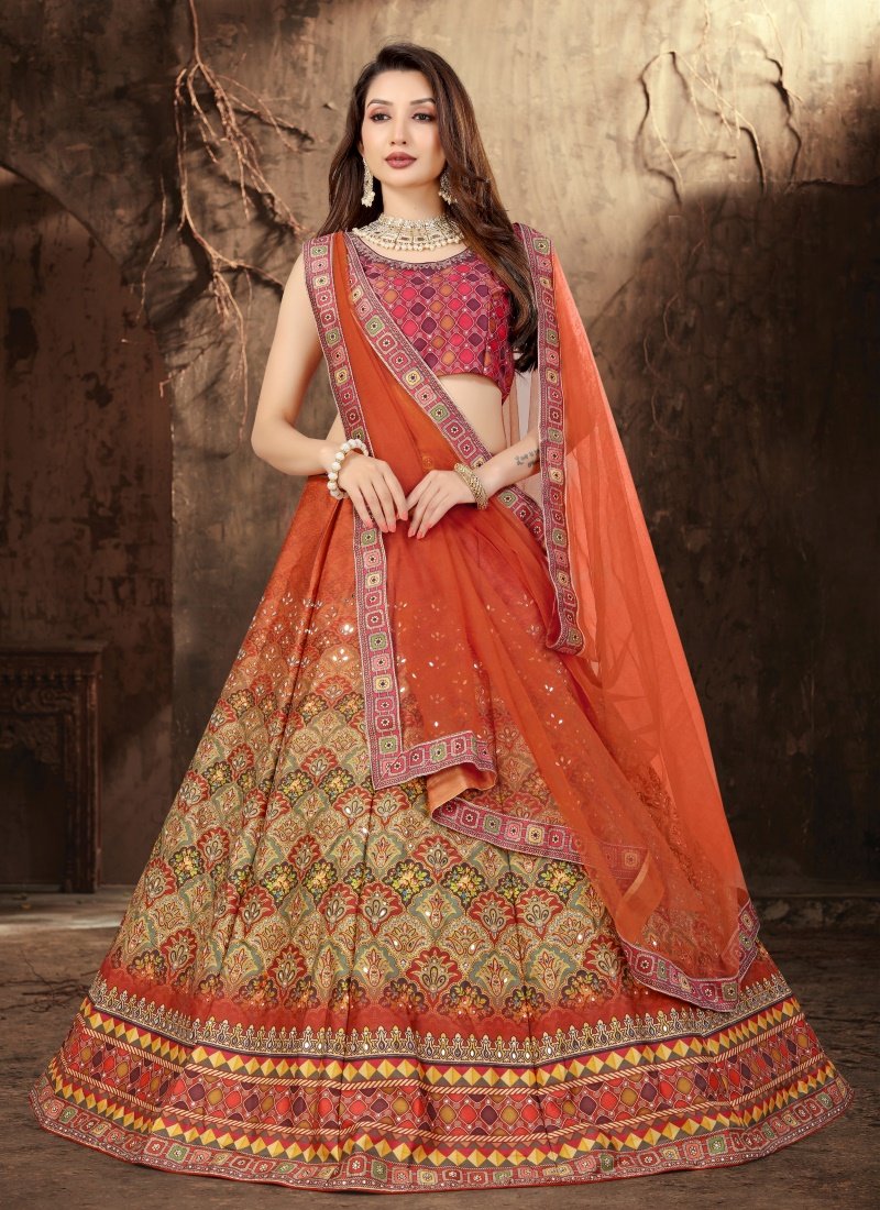 Orange Satin Lehenga Choli with Mirror Work