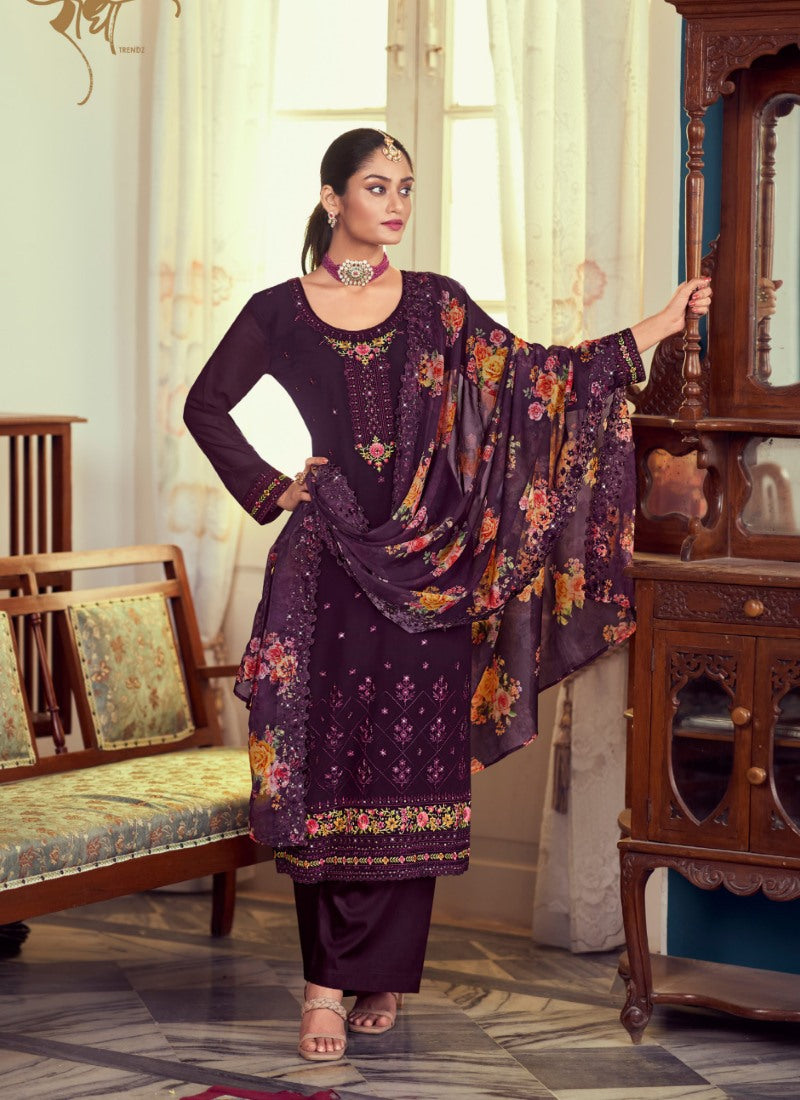 Purple Georgette Salwar Suit with Embroidery Work