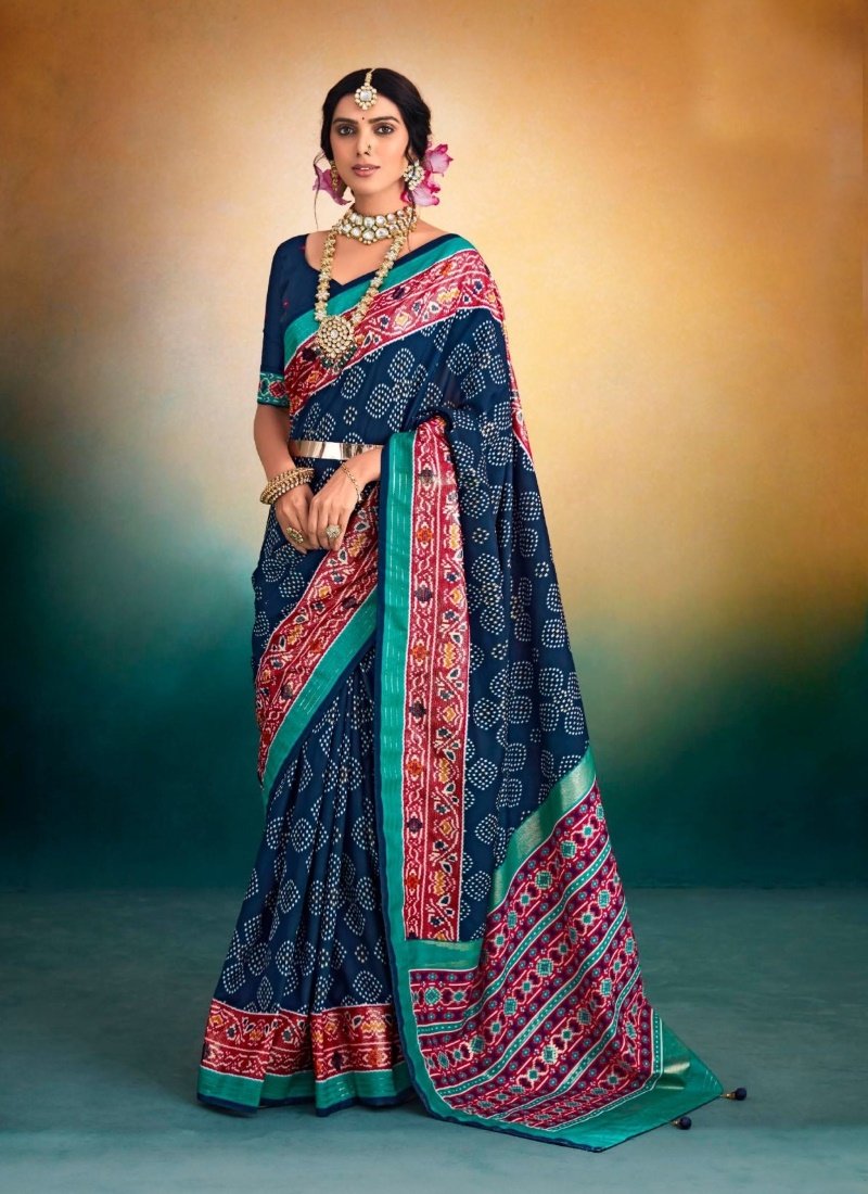 Navy Blue Tusser Silk Patola Saree