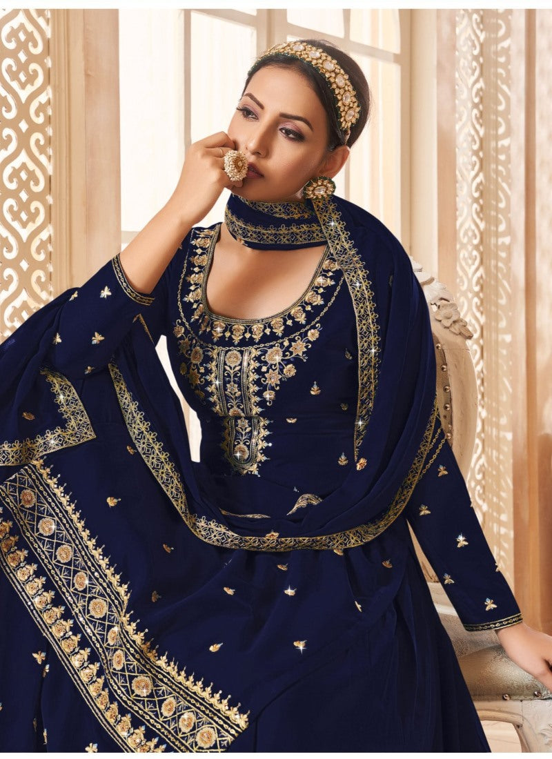 Navy Blue Georgette Indo-Western Lehenga Choli with Embroidery Work-2