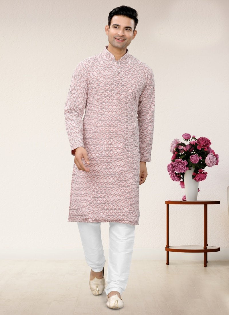 Pink Georgette Kurta Pajama With Lucknowi Work