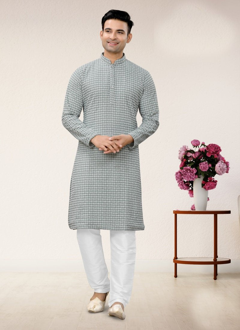 Light Blue Georgette Kurta Pajama With Lucknowi Work