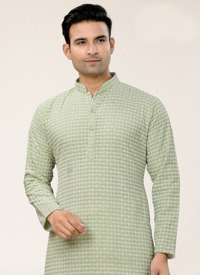 Pista Green Georgette Kurta Pajama With Lucknowi Work-2