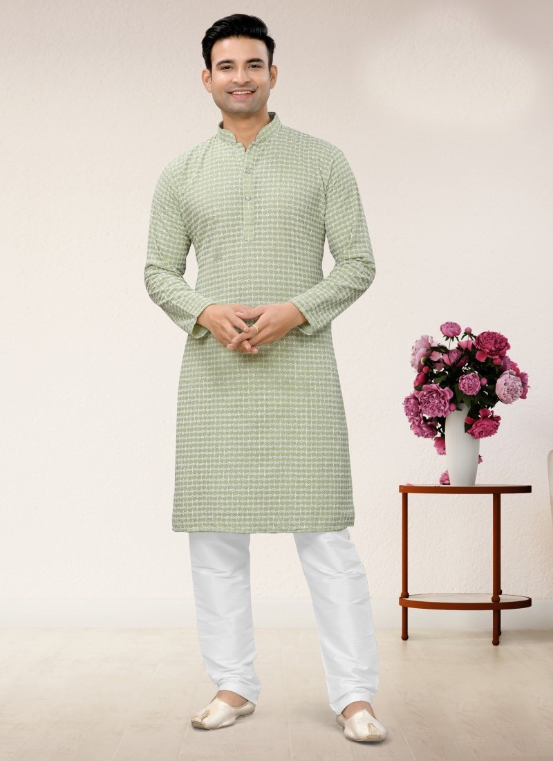 Pista Green Georgette Kurta Pajama With Lucknowi Work