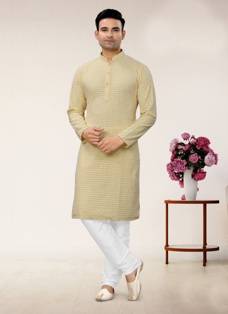 Yellow Georgette Kurta Pajama With Lucknowi Work