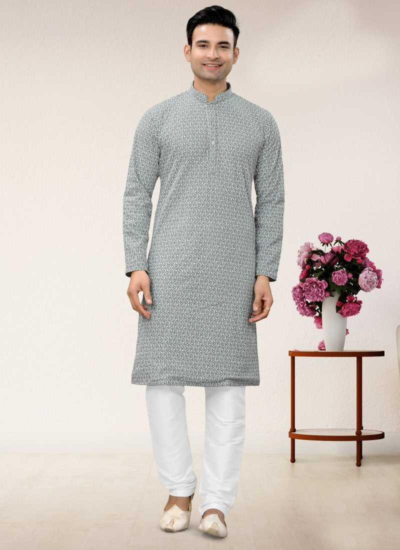 Gray Georgette Kurta Pajama With Lucknowi Work