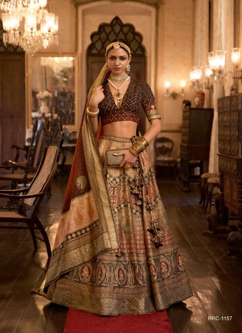 Brown Silk Bridal Lehenga Choli with Mirror Work