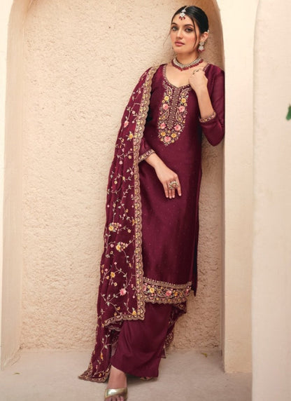 Maroon Georgette Palazzo Salwar Suit With Embroidery Work