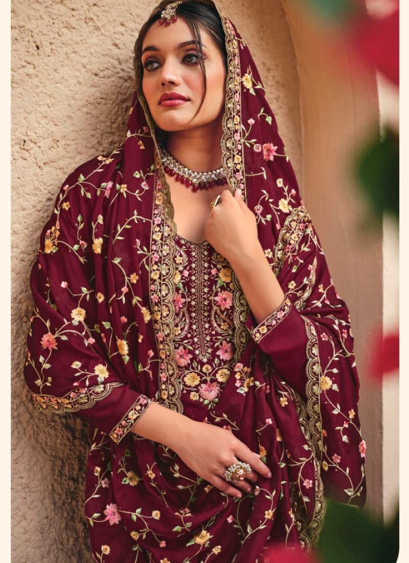 Maroon Georgette Palazzo Salwar Suit With Embroidery Work