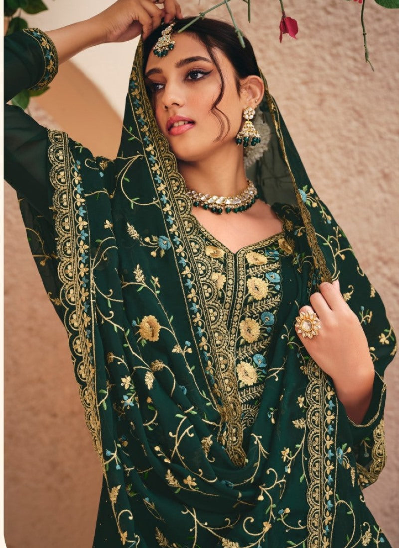 Green Georgette Palazzo Salwar Suit With Embroidery Work