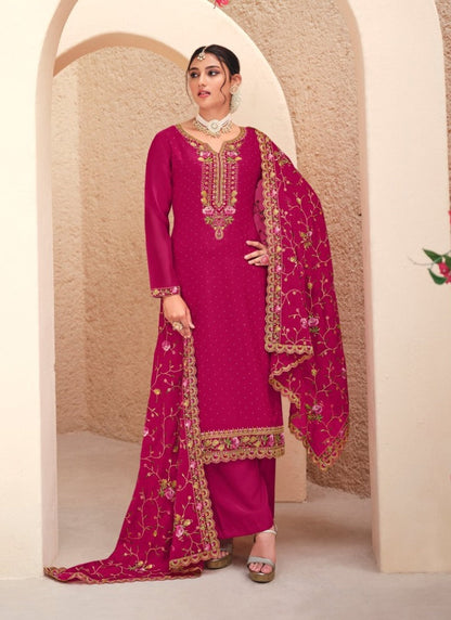 Magenta Georgette Palazzo Salwar Suit With Embroidery Work