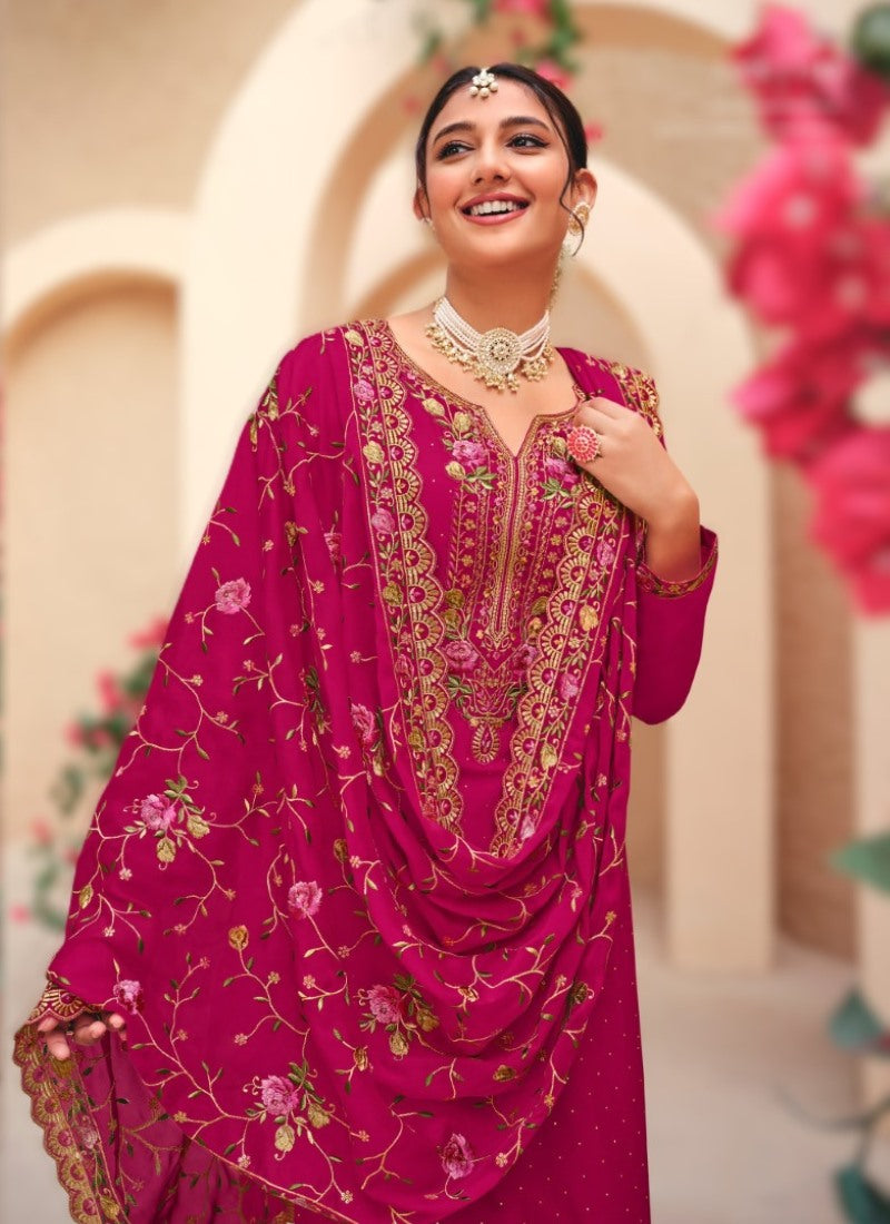 Magenta Georgette Palazzo Salwar Suit With Embroidery Work