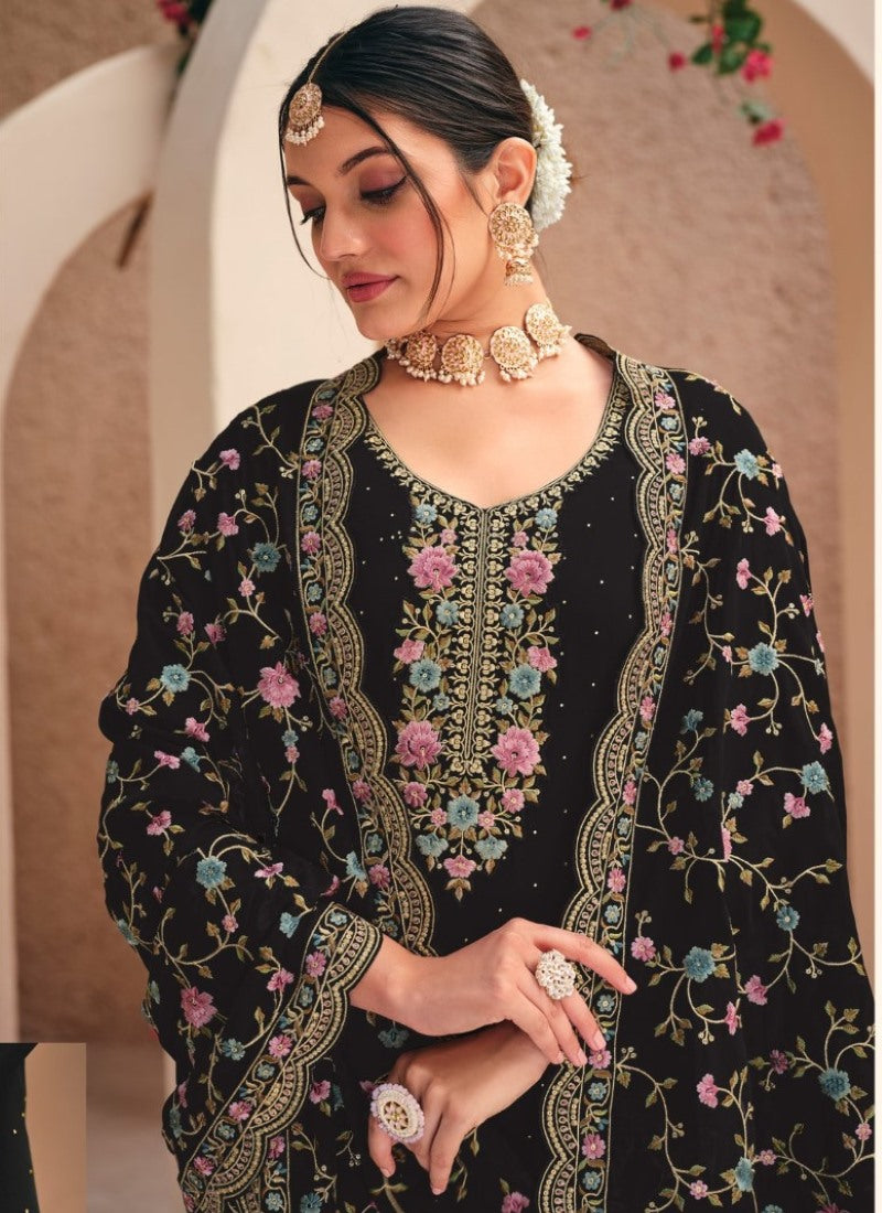 Black Georgette Palazzo Salwar Suit With Embroidery Work