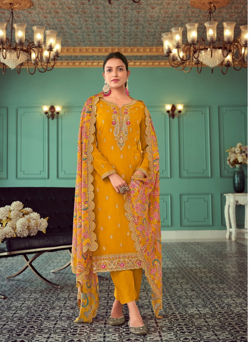 Yellow Long Straight Cut Salwar Suit With Embroidery Work