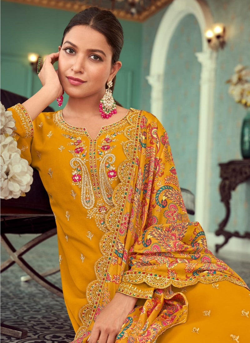 Yellow Long Straight Cut Salwar Suit With Embroidery Work