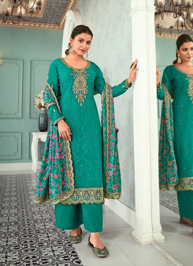 Sea Green Long Straight Cut Salwar Suit With Embroidery Work