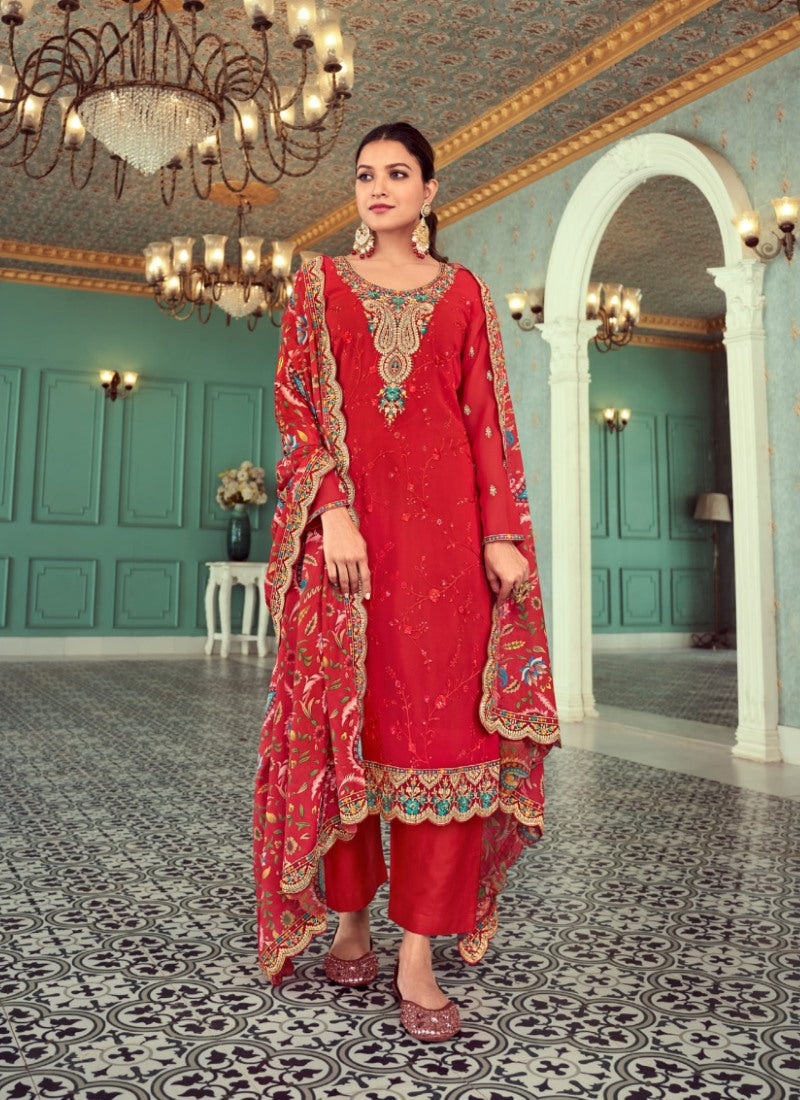 Red Long Straight Cut Salwar Suit With Embroidery Work