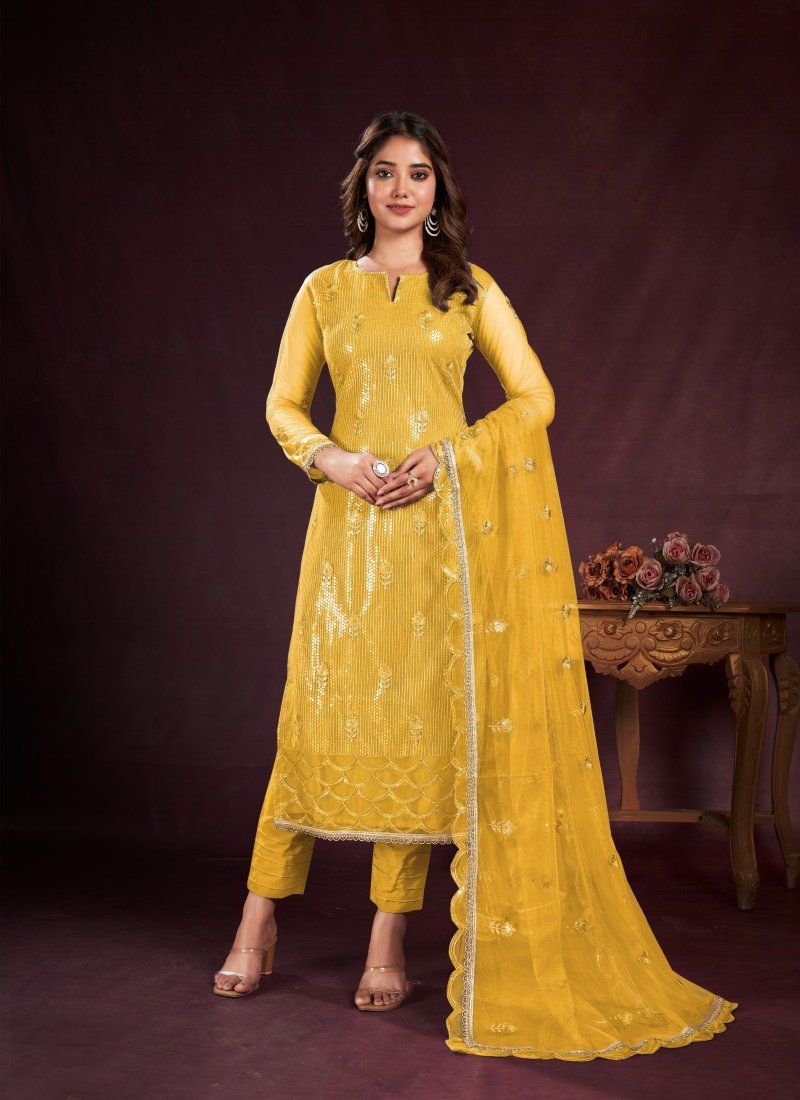 Yellow Pant Style Salwar Suit with Thread and Sequins Work