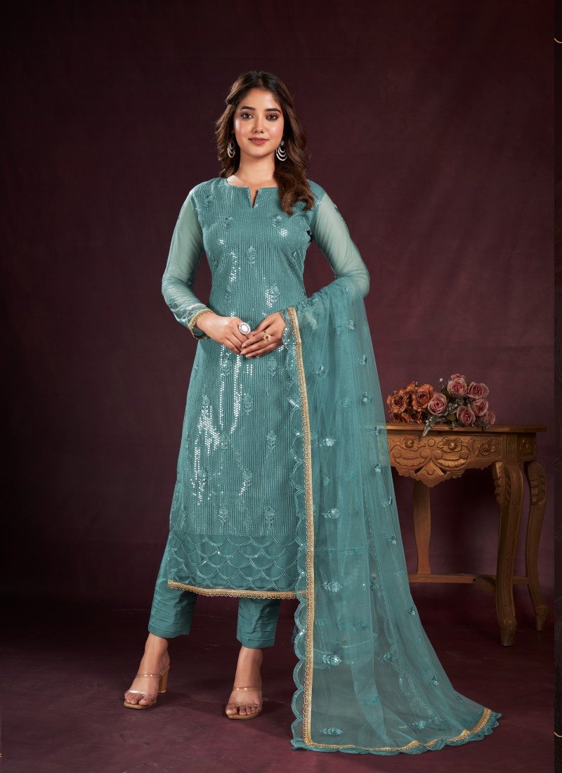 Sea Green Pant Style Salwar Suit with Thread and Sequins Work