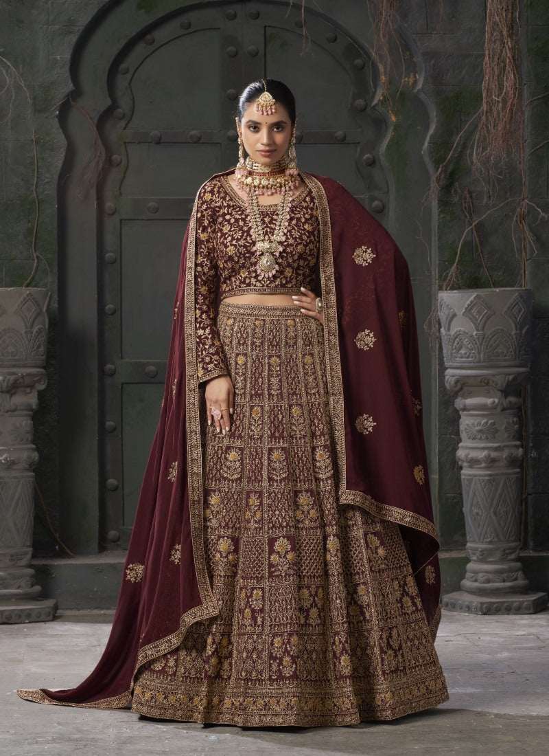 Maroon Georgette Bridal Lehenga Choli With Embroidery, Thread Work and Sequins Work